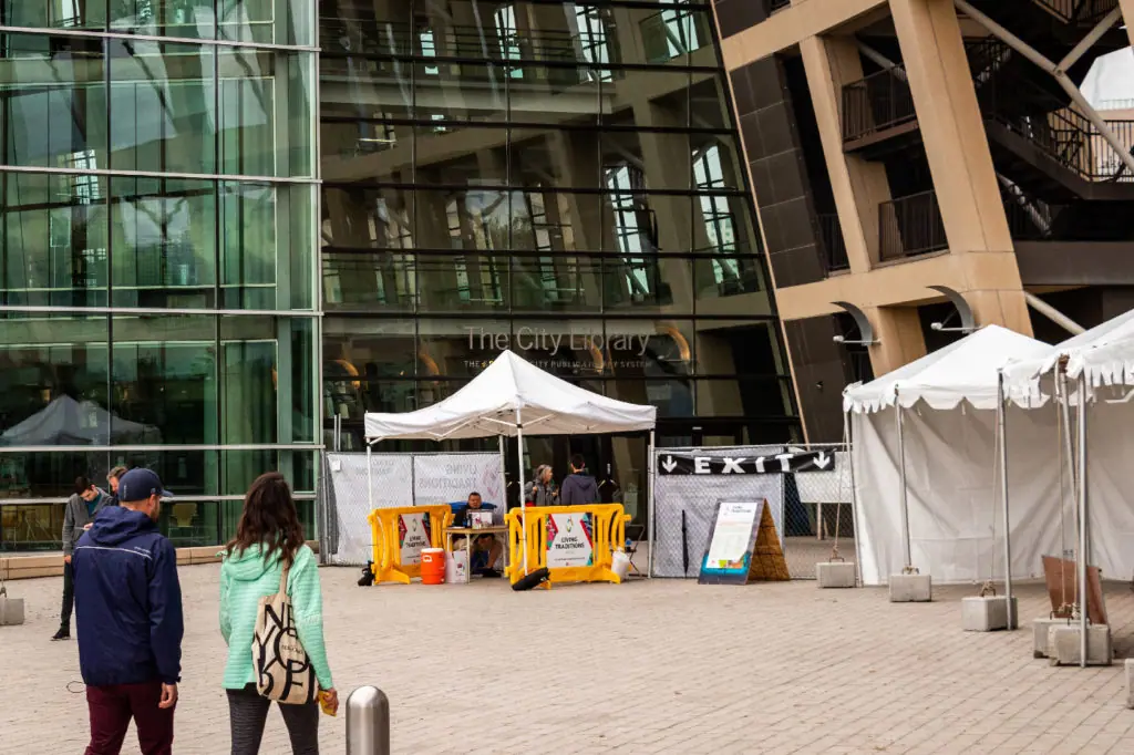 yellow crowd barriers in use at exit living traditions festival slc 2019 1024x682 jpg