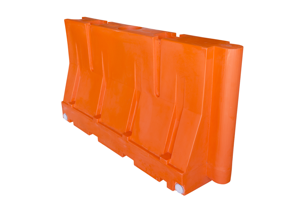 Angled view of a single, orange 42-inch plastic barricade for traffic and construction work zones.