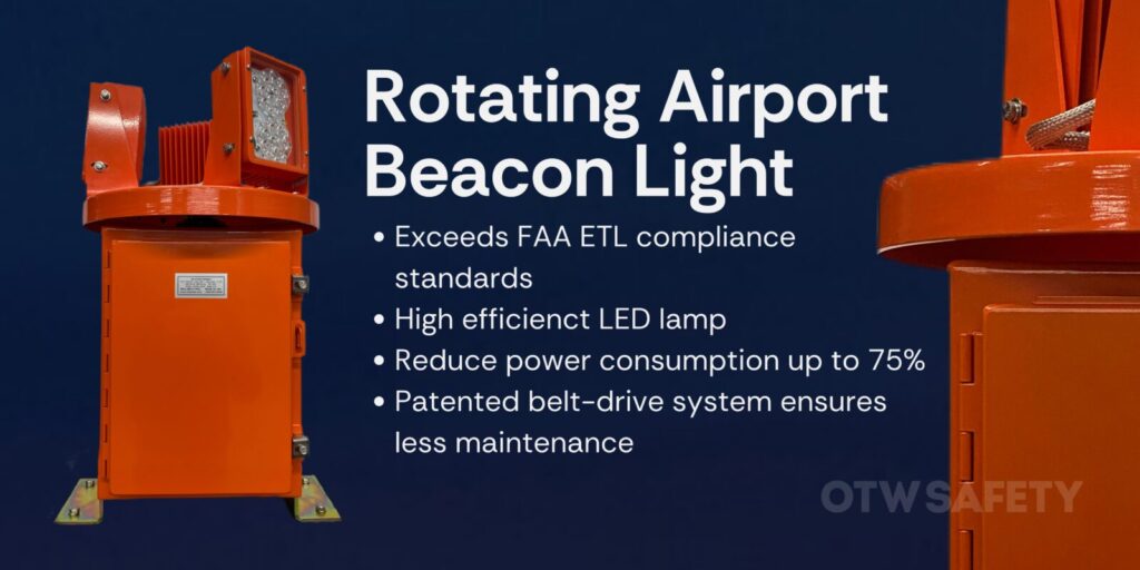 Banner image featuring product shot of OTW Safety Airport Beacon Light in International Orange. On the left, the full product is shown. On the right, the same shot is zoomed in showing the details of the airport beacon light. The text reads: Rotating Airport Beacon Light, Exceeds FAA ETL compliance standards High efficienct LED lamp Reduce power consumption up to 75% Patented belt-drive system ensures less maintenance.