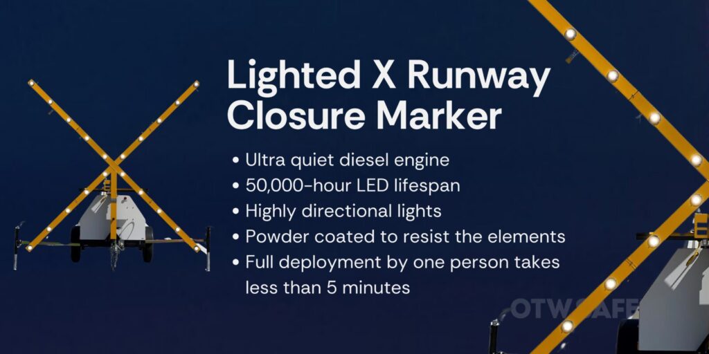 Banner image featuring product shot of Lighted X Runway Closure Marker. On the left, the full product is shown. On the right, the same shot is zoomed in showing the details of the lighted x. The text reads: Lighted C Runway Closure Marker, Ultra quiet diesel engine 50,000-hour LED lifespan Highly directional lights Powder coated to resist the elements Full deployment by one person takes less than 5 minutes.
