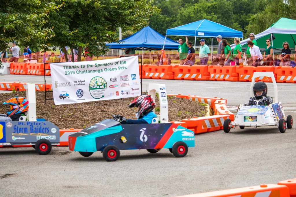 3 electric cars built by local kids, round the corner of the Chattanooga Green Prix track
