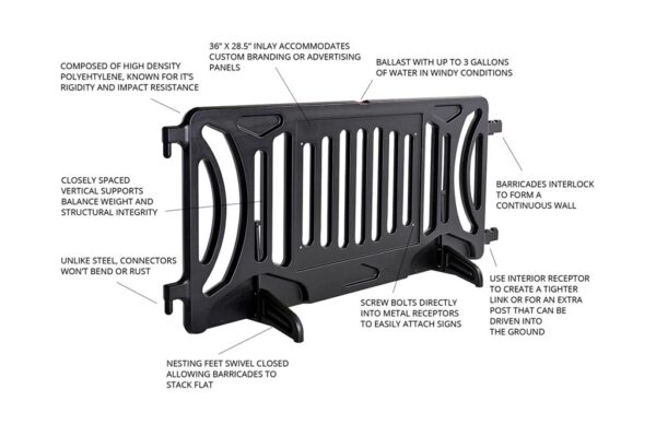 CC42x96 black crowd control barricade pointing out the features