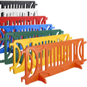 Line of OTW pedestrian barricades in a variety of colors
