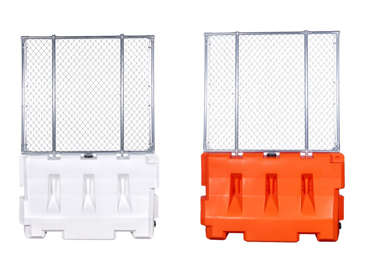 Side by Side Fence Panels, one orange safety barricade and one white safety barricade