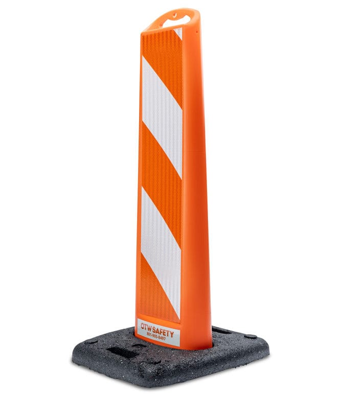 Product shot of the vertical panel on a white backdrop. The vertical panel, otherwise known as a vertical panel barricade, is orange with reflective sheeting, a reflective OTW Safety sticker and a black, weighted base.
