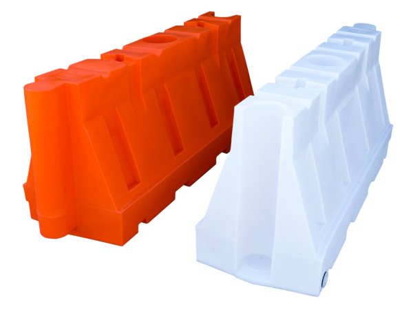 Side By Side Orange and White 32 Jersey Shape Barricades