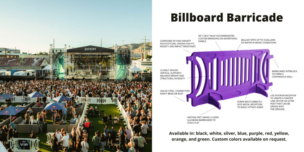 Purple billboard Barricade and features alongside aerial view image of Granary Live