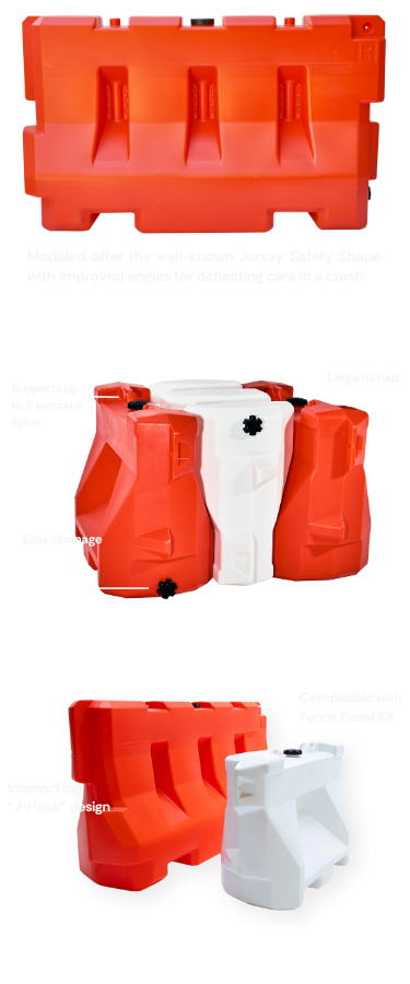 OTW Safety orange and white Jersey-style water-filled barricades with features labeled for lighting, interlocking, and fence kit compatibility