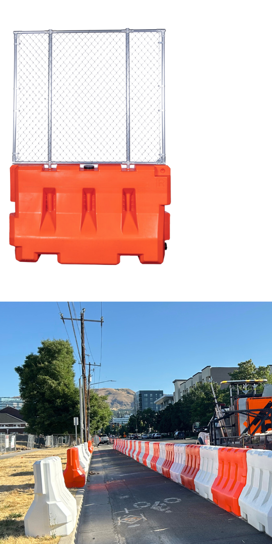 Orange OTW Safety 42x72 barricade with fence panel kit above a city sidewalk deployment with alternating orange and white barricades