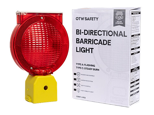 OTW Safety red Bi-Directional Barricade Light with yellow base and retail packaging box