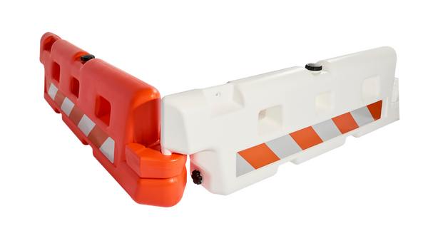 AR24x96 mid-profile airport barricades in white and orange connected by a FOD free connection