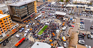 OTW Safety Crowd Control barricades at Doxie Derby in Millcreek Common aerial view of Millcreek Common Doxie Derby race track with OTW safety crowd control barricades