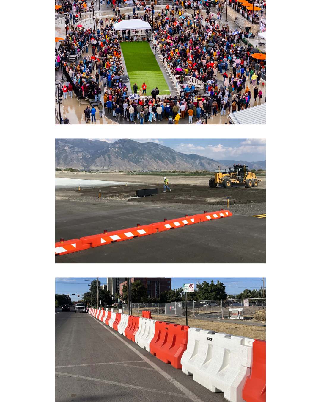 OTW Safety barricades featured: billboard barricades in white at local derby race, 10x96 low profile airport barricades at local airport construction site, 42x72 JSS barricades at roadside construction zone