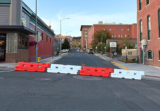 OTW Safety mid profile airport barricades used to block off vehicle access to main street entrance