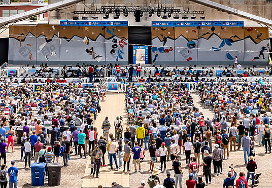 Large outdoor climbing competition using OTW Safety crowd control barricades to organize spectators, secure event perimeters, and maintain safe pedestrian traffic.